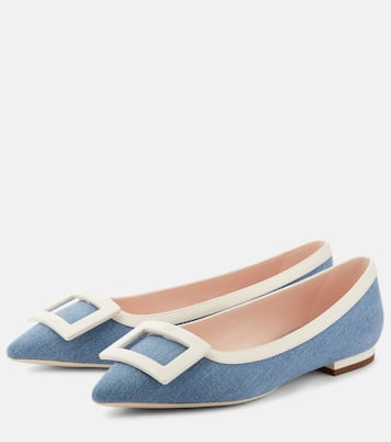Leather-trimmed denim ballet flats | Roger Vivier