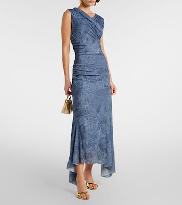 Abito lungo in mesh con stampa e ruches | Ganni