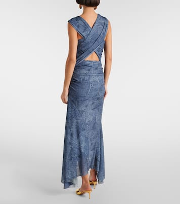 Abito lungo in mesh con stampa e ruches | Ganni