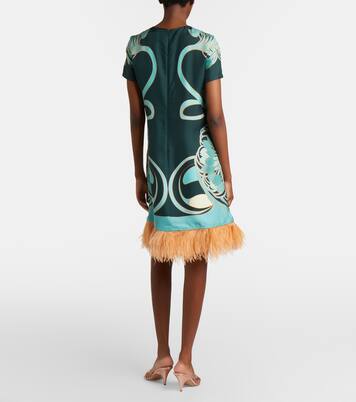 Vestido corto Swing de seda floral con plumas | La DoubleJ