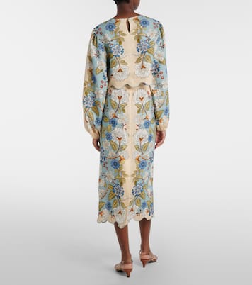 Falda midi de lino festoneada floral | Farm Rio