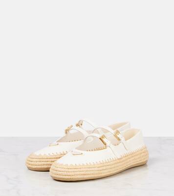 Leather and raffia Mary Jane flats | Prada