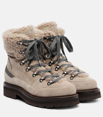 Schnürstiefel aus Veloursleder mit Shearling | Brunello Cucinelli