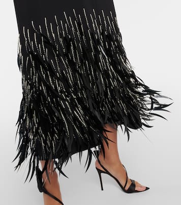 Maxikleid aus Crêpe mit Federn | Johanna Ortiz