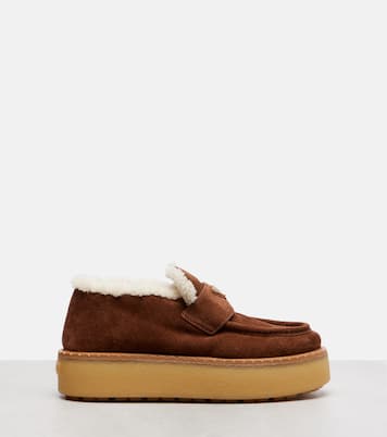 Plateau-Loafers aus Veloursleder mit Shearling | Prada