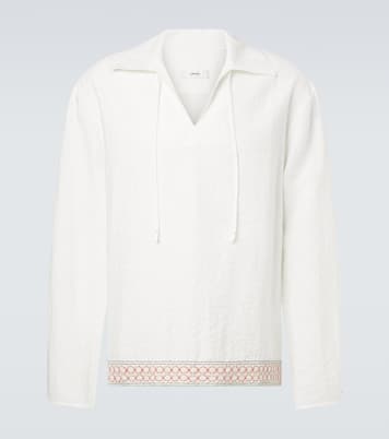 Crochet-trimmed tie-neck linen-blend shirt | Commas