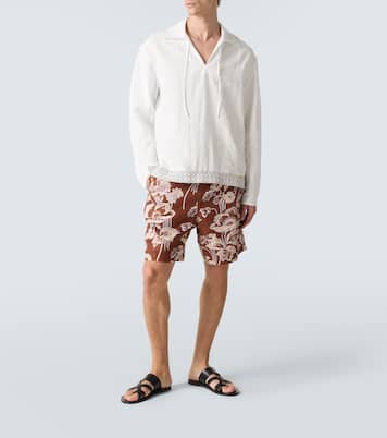 Crochet-trimmed tie-neck linen-blend shirt | Commas