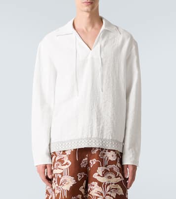 Crochet-trimmed tie-neck linen-blend shirt | Commas