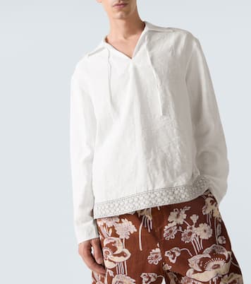 Crochet-trimmed tie-neck linen-blend shirt | Commas