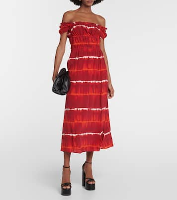 Robe midi imprimée en soie à encolure bardot | Altuzarra