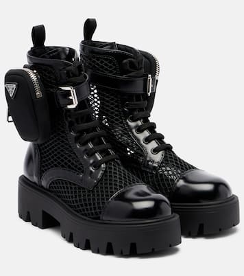 Leather-trimmed mesh combat boots | Prada