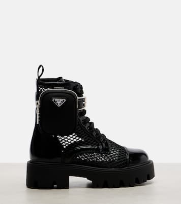 Leather-trimmed mesh combat boots | Prada