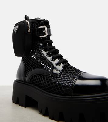 Leather-trimmed mesh combat boots | Prada