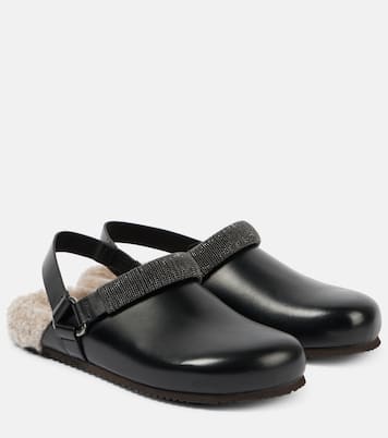 Verzierte Slippers aus Leder mit Shearling | Brunello Cucinelli