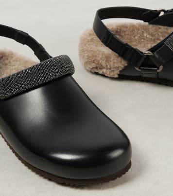 Verzierte Slippers aus Leder mit Shearling | Brunello Cucinelli