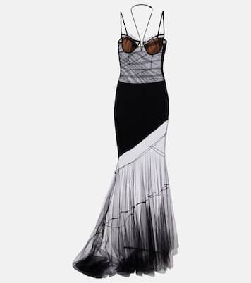 Asymmetric draped sheer maxi dress | Nensi Dojaka
