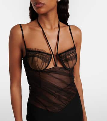 Asymmetric draped sheer maxi dress | Nensi Dojaka