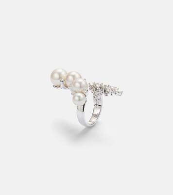 Pearlescent 18kt white gold ring with diamonds and freshwater pearls | Yeprem