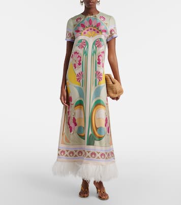 Maxikleid Swing aus Seiden-Twill mit Federn | La DoubleJ