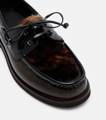 Monili calf hair-trimmed leather boat shoes | Brunello Cucinelli