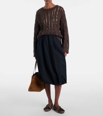 Gathered cotton-blend midi skirt | Brunello Cucinelli