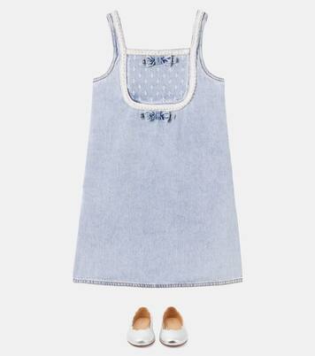 Bow-detail embellished denim dress | Self-Portrait Kids