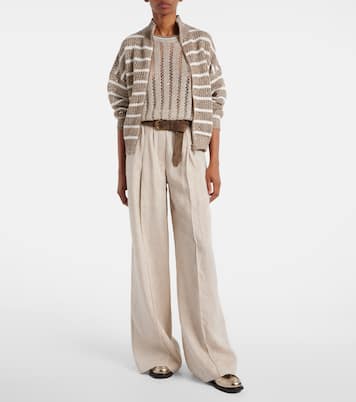 Sequined striped linen-blend cardigan | Brunello Cucinelli