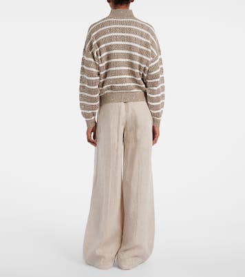 Sequined striped linen-blend cardigan | Brunello Cucinelli