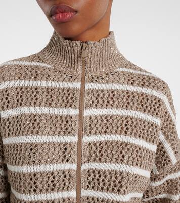Sequined striped linen-blend cardigan | Brunello Cucinelli