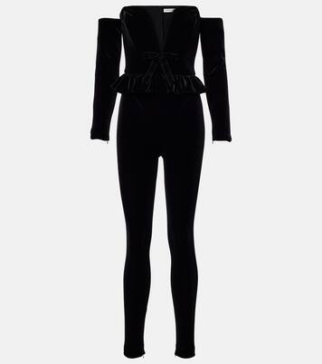 Bow-detail ruffled off-shoulder velvet jumpsuit | Alessandra Rich