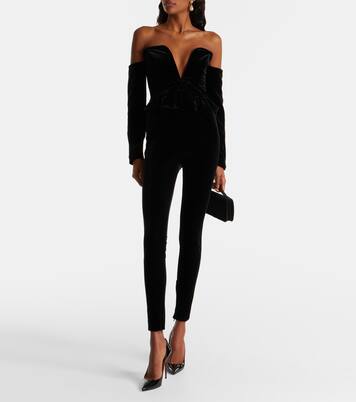 Bow-detail ruffled off-shoulder velvet jumpsuit | Alessandra Rich