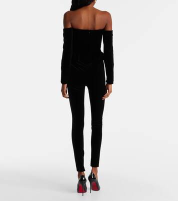 Bow-detail ruffled off-shoulder velvet jumpsuit | Alessandra Rich