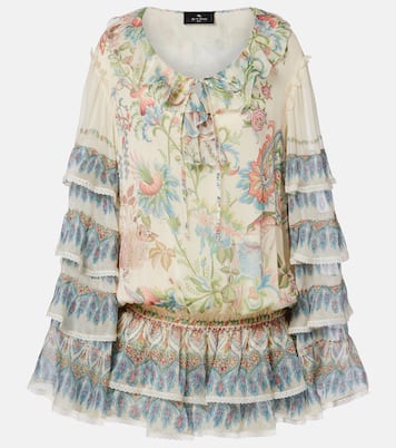 Printed ruffled lace-trimmed silk minidress | Etro