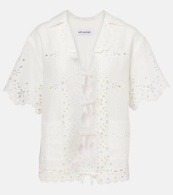Embroidered cutout linen and cotton top | Self-Portrait