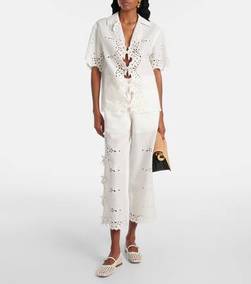 Embroidered cutout linen and cotton top | Self-Portrait