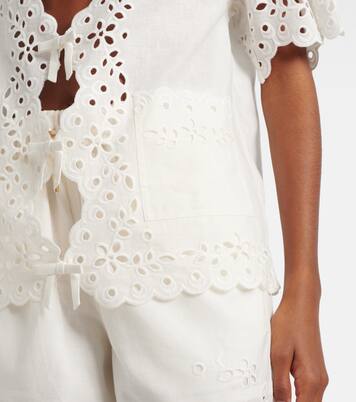 Embroidered cutout linen and cotton top | Self-Portrait