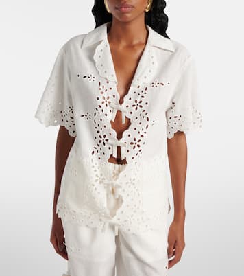 Embroidered cutout linen and cotton top | Self-Portrait