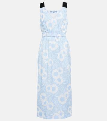 Robe midi en coton mélangé à fleurs | Prada