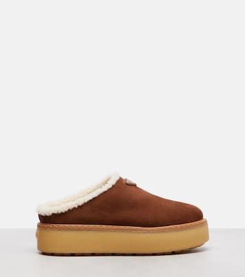 Evolve shearling-trimmed suede platform mules | Prada