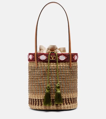VLogo Large embellished raffia bucket bag | Valentino Garavani