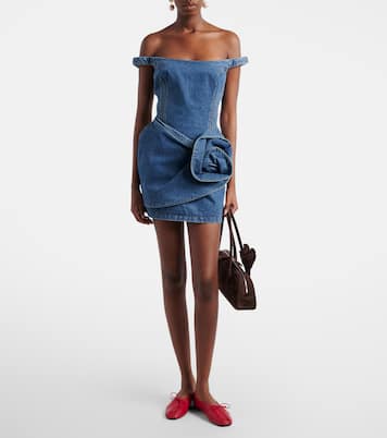 Robe en denim à épaules dénudées et appliqués floraux | Magda Butrym