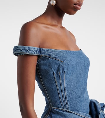 Robe en denim à épaules dénudées et appliqués floraux | Magda Butrym