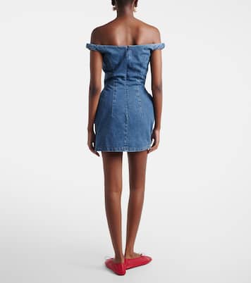 Robe en denim à épaules dénudées et appliqués floraux | Magda Butrym