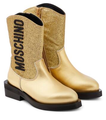 Logo glitter leather cowboy boots | Moschino Kids