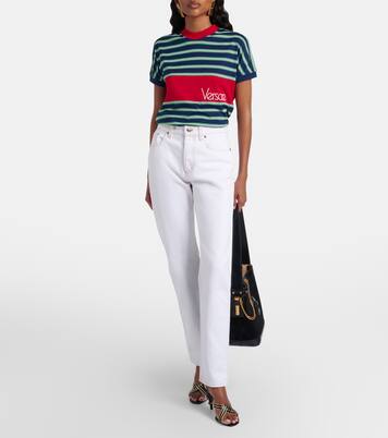 Logo embroidered striped cotton T-Shirt | Versace