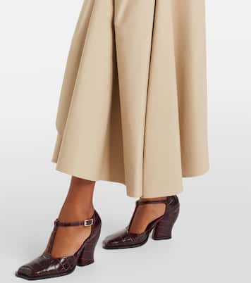 Leather-trimmed cotton and silk midi skirt | Loewe
