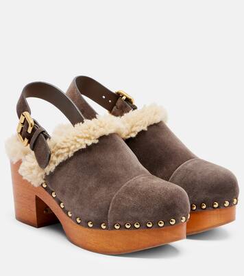 Mules compensées Jeannette en daim et shearling | Chloé