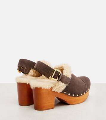 Mules compensées Jeannette en daim et shearling | Chloé