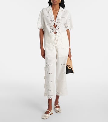 Pantalon ample brodé en lin et coton | Self-Portrait