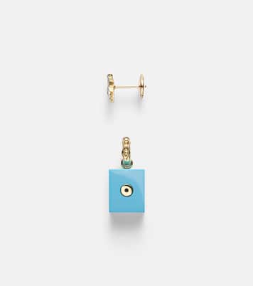 Set aus einzelnem Ohrring Palmier aus 9kt Gelbgold und Diamanten und Anhänger Le Cubo mit Türkis | Yvonne Léon